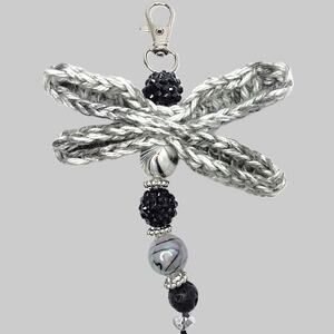 Crochet Dragonfly Bag Charm Hand Crafted Blingy Beaded Purse Keychain Black NEW